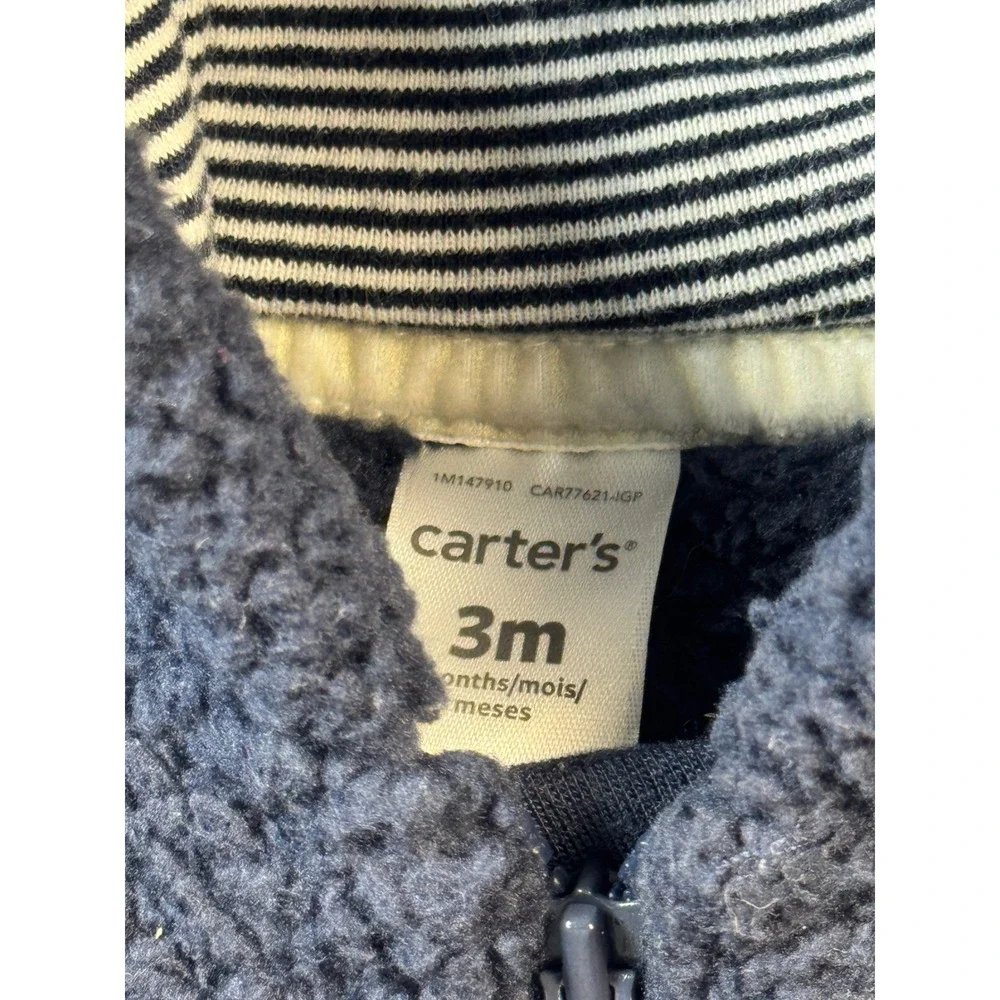 Carters Baby Boy 3M Navy Blue Sherpa Fleece Bear Ear Hooded Pram Bunting Suit
